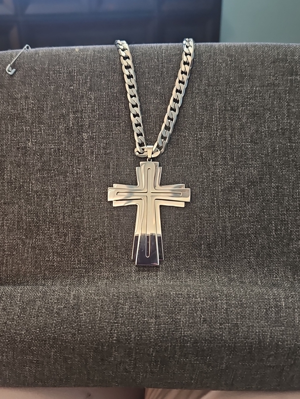 Men's Stainless Steel Cross Pendant Necklace - Thick Curb Chain